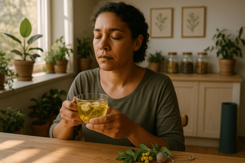 Nő ül a konyhában, gyógyteával az autoimmun eredetű hormonzavar kezelése érdekében.