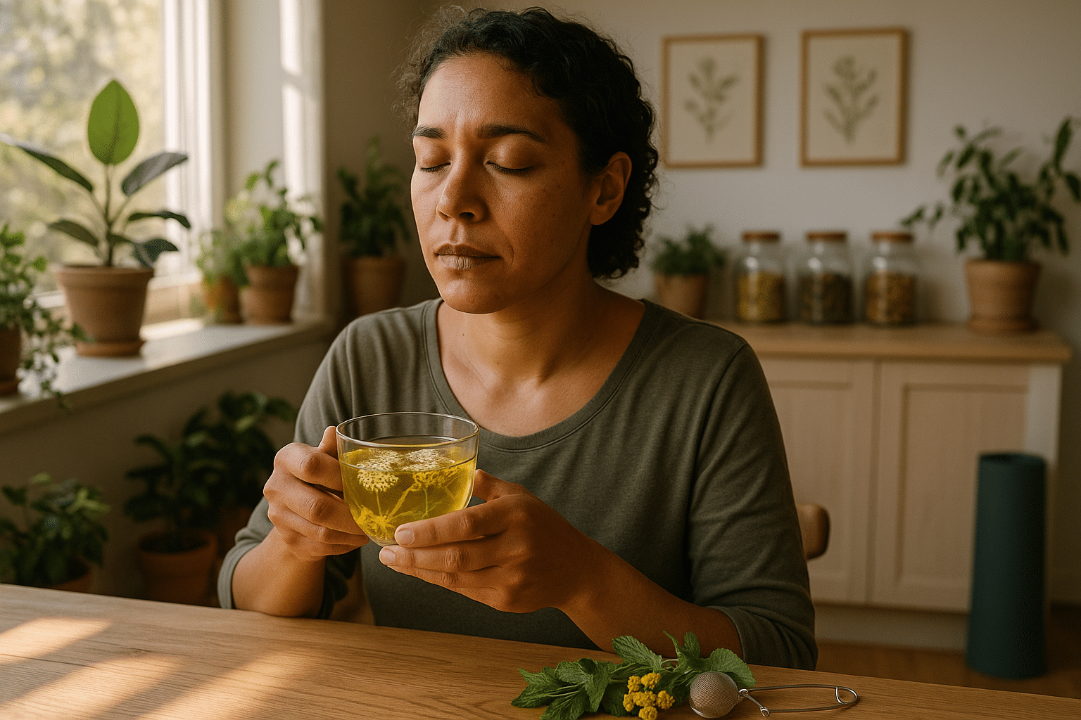 Nő ül a konyhában, gyógyteával az autoimmun eredetű hormonzavar kezelése érdekében.