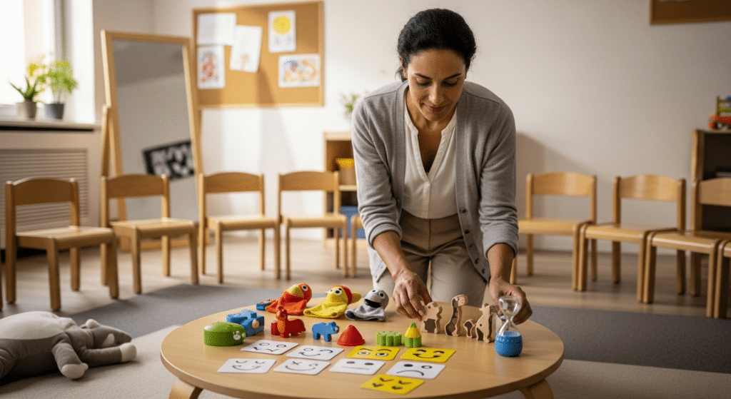 Terapeuta előkészíti a játékteret a beilleszkedési zavarok kezelése számára.