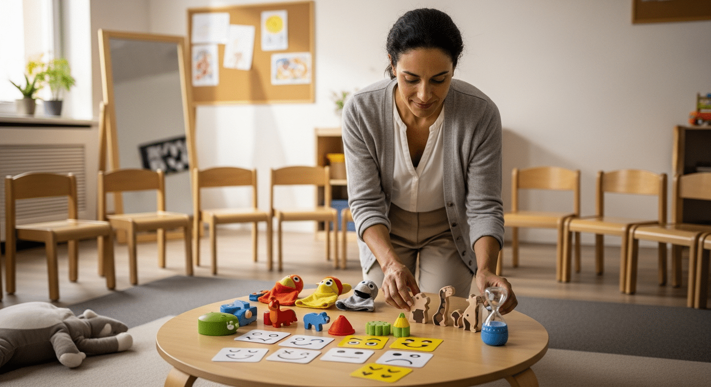 Terapeuta előkészíti a játékteret a beilleszkedési zavarok kezelése számára.