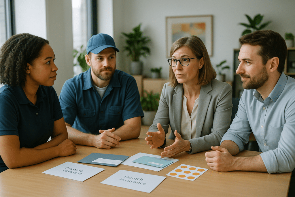Diverse munkavállalók és HR szakemberek béren kívüli juttatások adózásáról beszélgetnek modern irodában