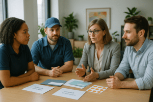 Diverse munkavállalók és HR szakemberek béren kívüli juttatások adózásáról beszélgetnek modern irodában