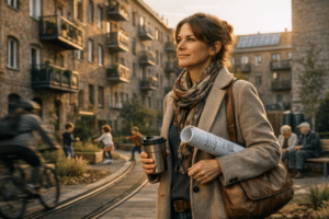 fenntartható városfejlesztés: várostervező nő a megújult belső udvarban