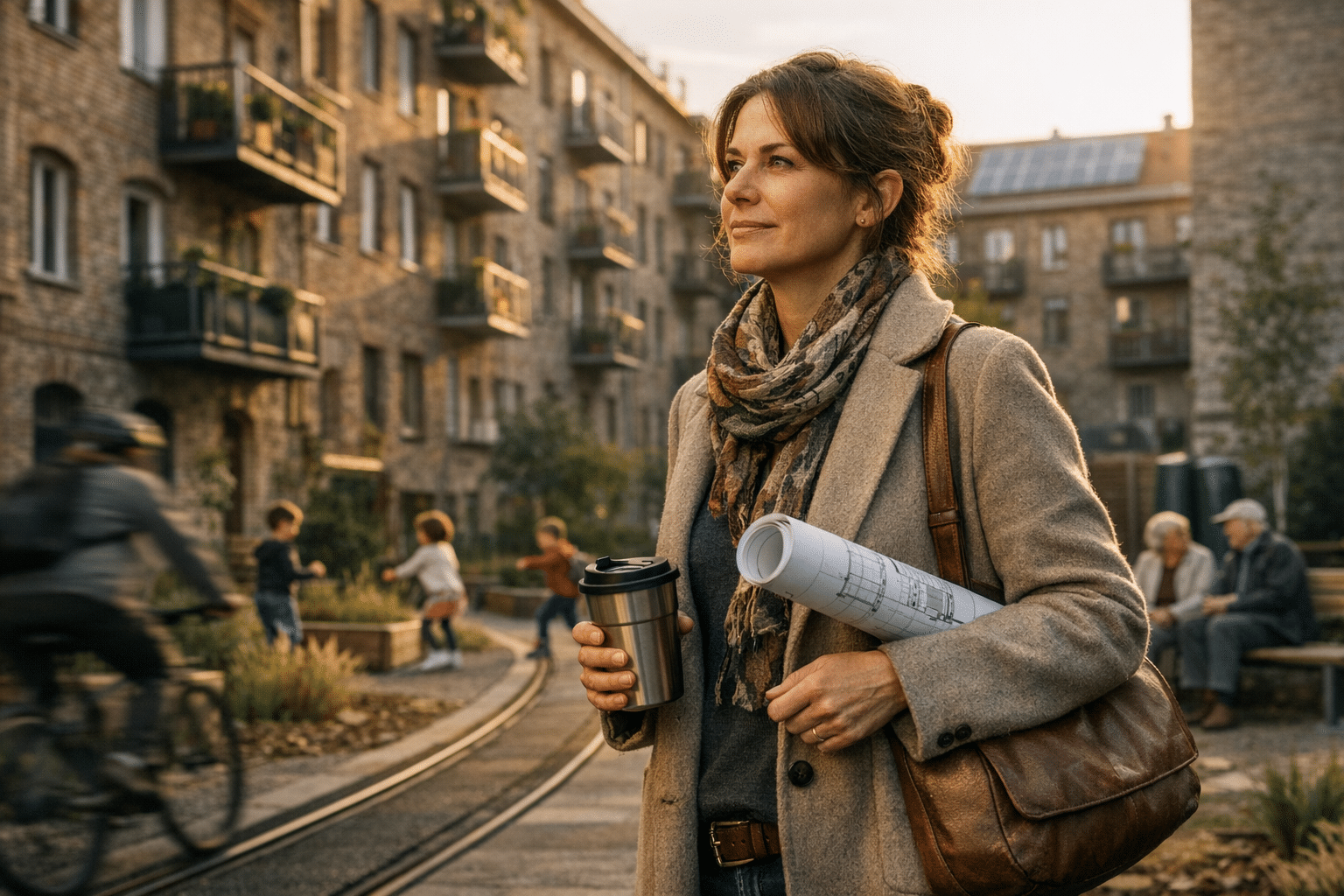 fenntartható városfejlesztés: várostervező nő a megújult belső udvarban