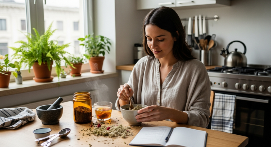 Nő erdei málna és cickafark keveréket készít méherősítés támogatására