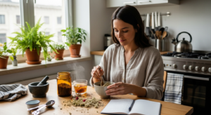 Nő erdei málna és cickafark keveréket készít méherősítés támogatására