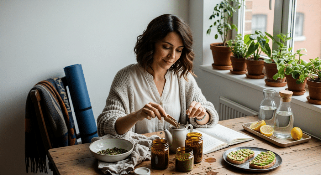 Nő készít gyógynövényes teát otthon, természetes ciklustámogatás