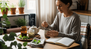 Nő készít gyógynövényteát testi-lelki harmónia érdekében