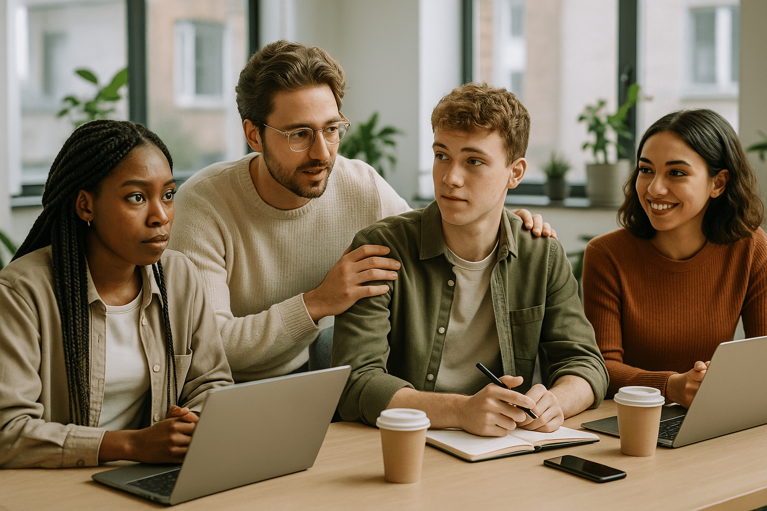 Fiatal Z generáció szakemberek együttműködnek egy modern irodai környezetben