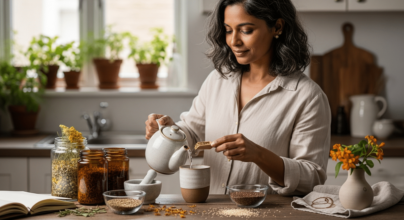 ösztrogén pótlása természetesen: nő otthon gyógynövényes teát készít