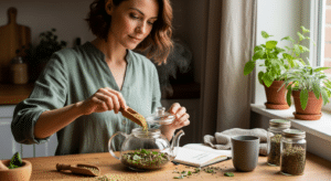 Nő gyógynövényes teát készít a konyhában — természetes kezelés