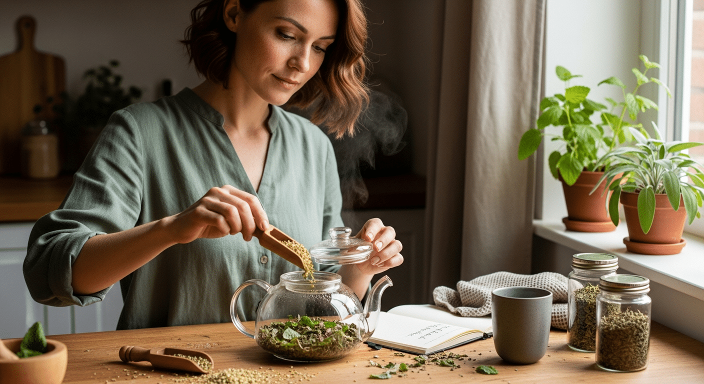 Nő gyógynövényes teát készít a konyhában — természetes kezelés