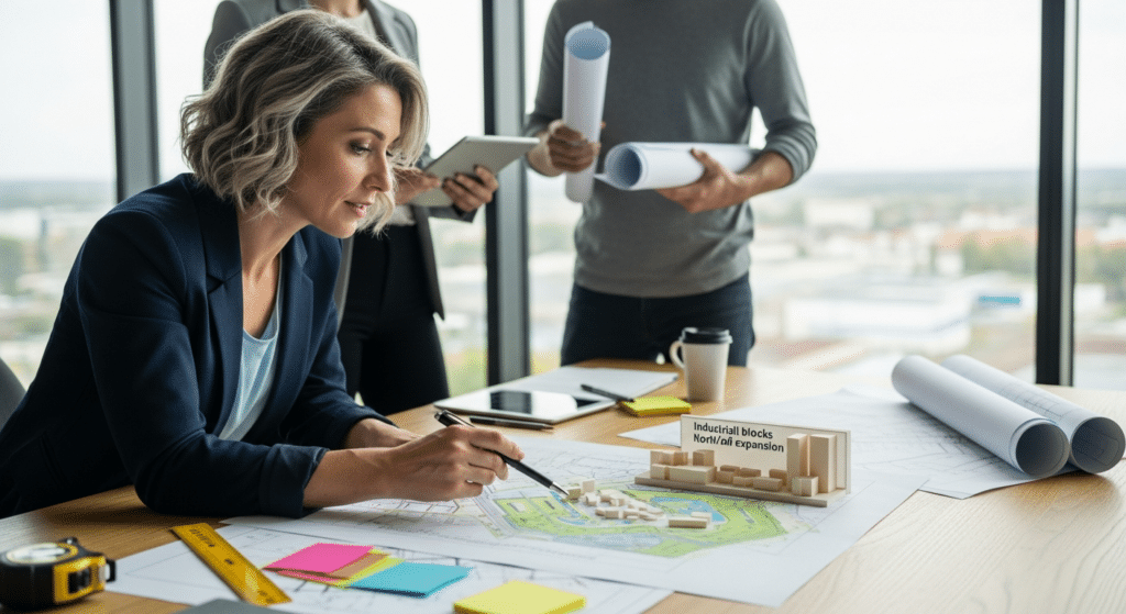 integrált településfejlesztési stratégia: női tervező makettel és helyszínrajzzal az asztalnál
