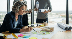 integrált településfejlesztési stratégia: női tervező makettel és helyszínrajzzal az asztalnál