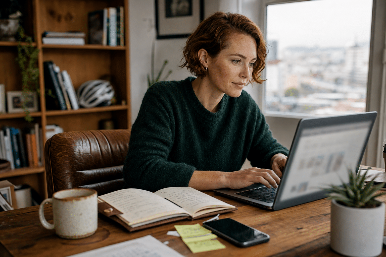állásportál használó nő laptopnál otthoni munkaállomáson