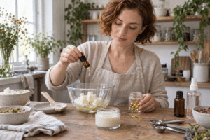 Nő házi arckrémet készít, bőrmegújító vitaminok, kókuszzsír és rózsavízzel